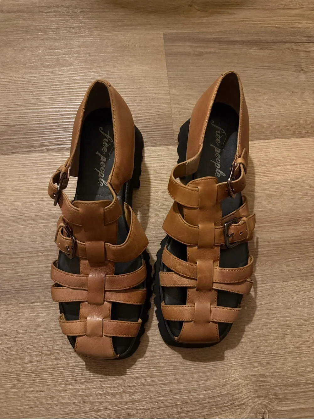 Free People Cognac Leather Buckle Fisherman Sandals